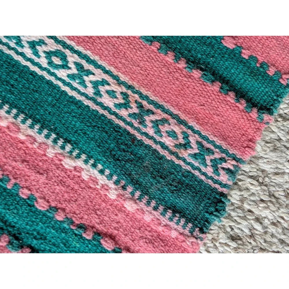 Vintage Woven Wool Table Runner Pink Teal Geometric Southwestern Fringe 70x10.5